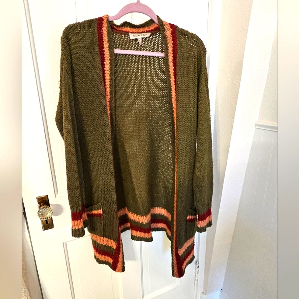 Womens Cardigan, Dark Green, Pink and Maroon Trim, Harlow and Rose, Size Large